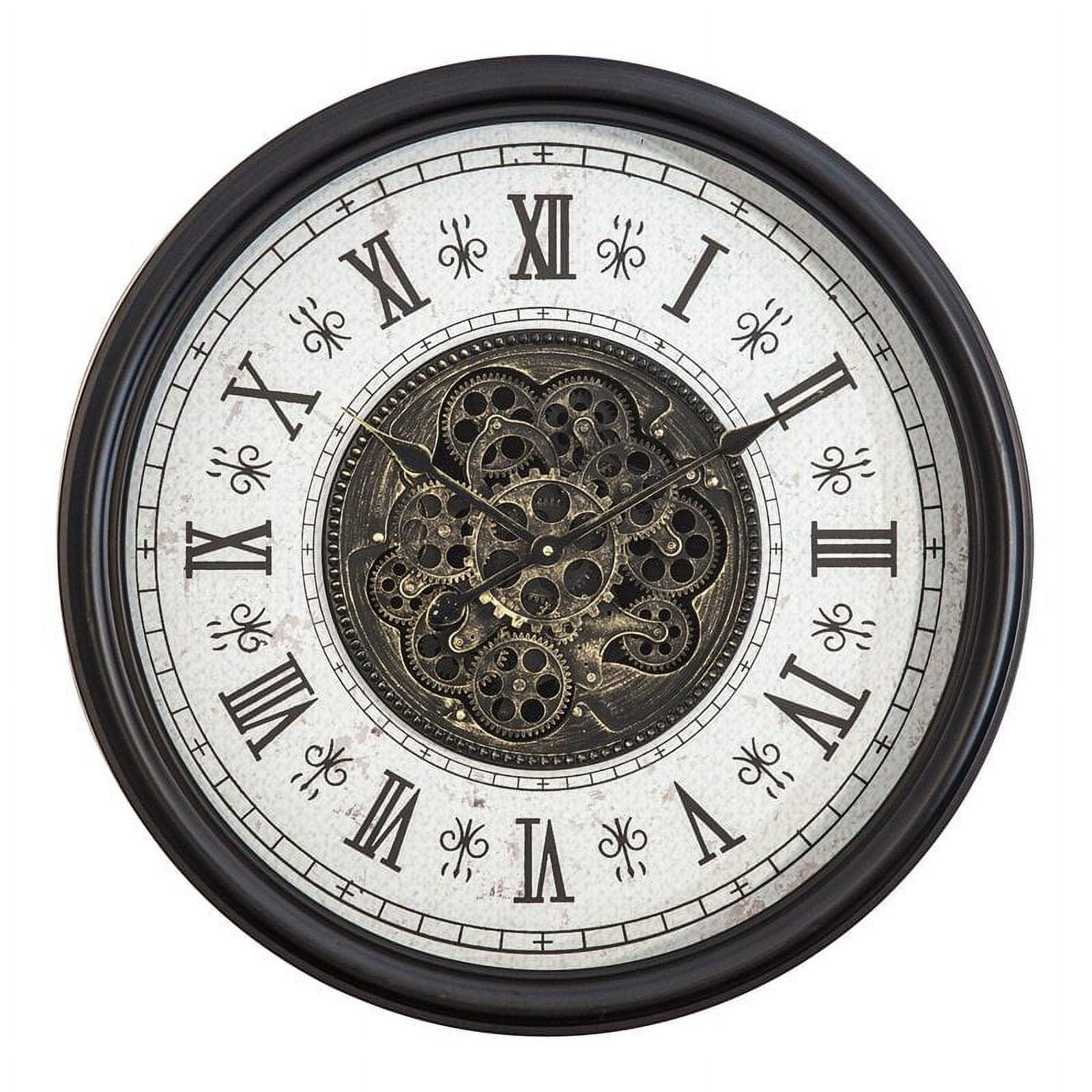 Black Metal Wall Clock with Gears and Glass Cover