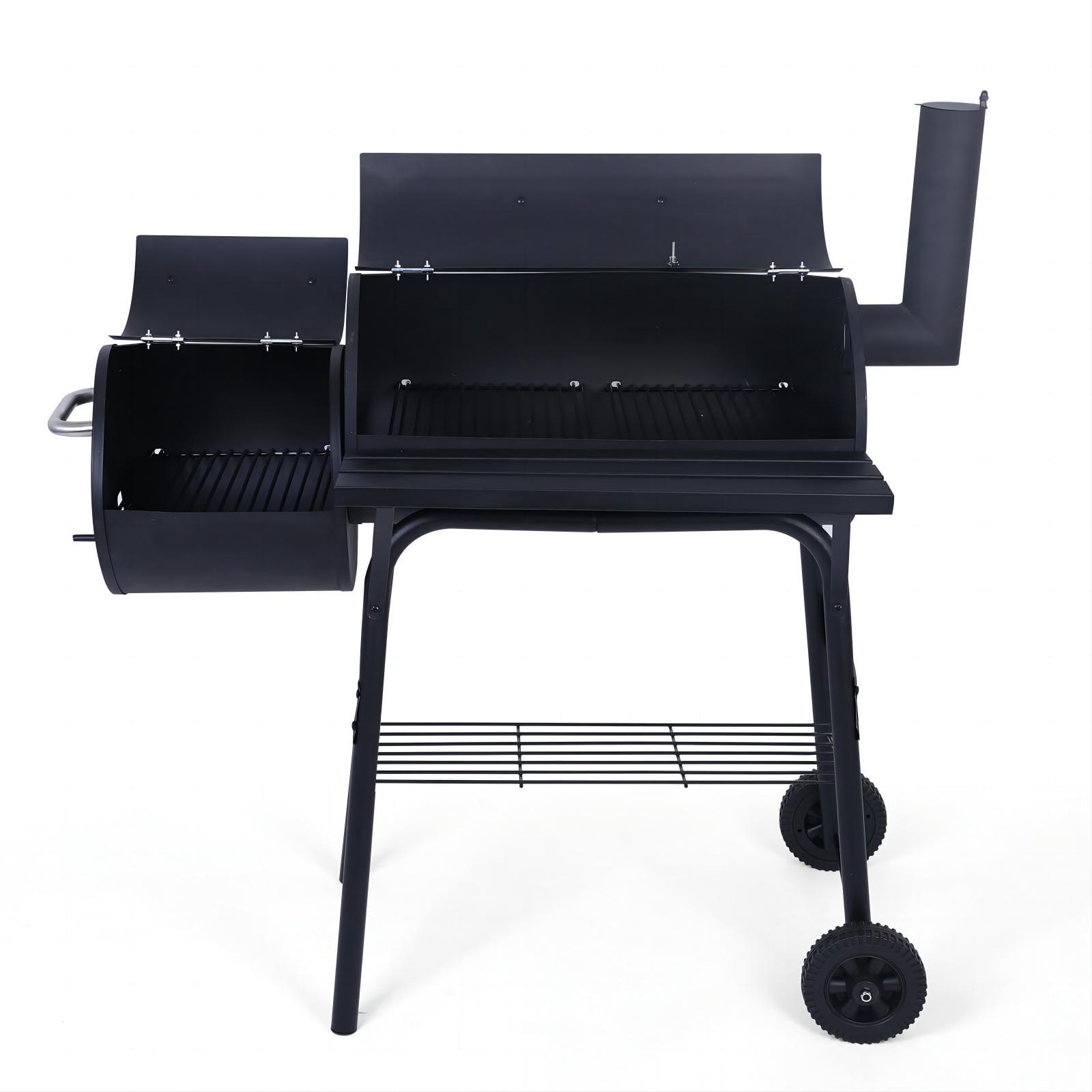 Black Steel Charcoal Grill with Offset Smoker and Wheels