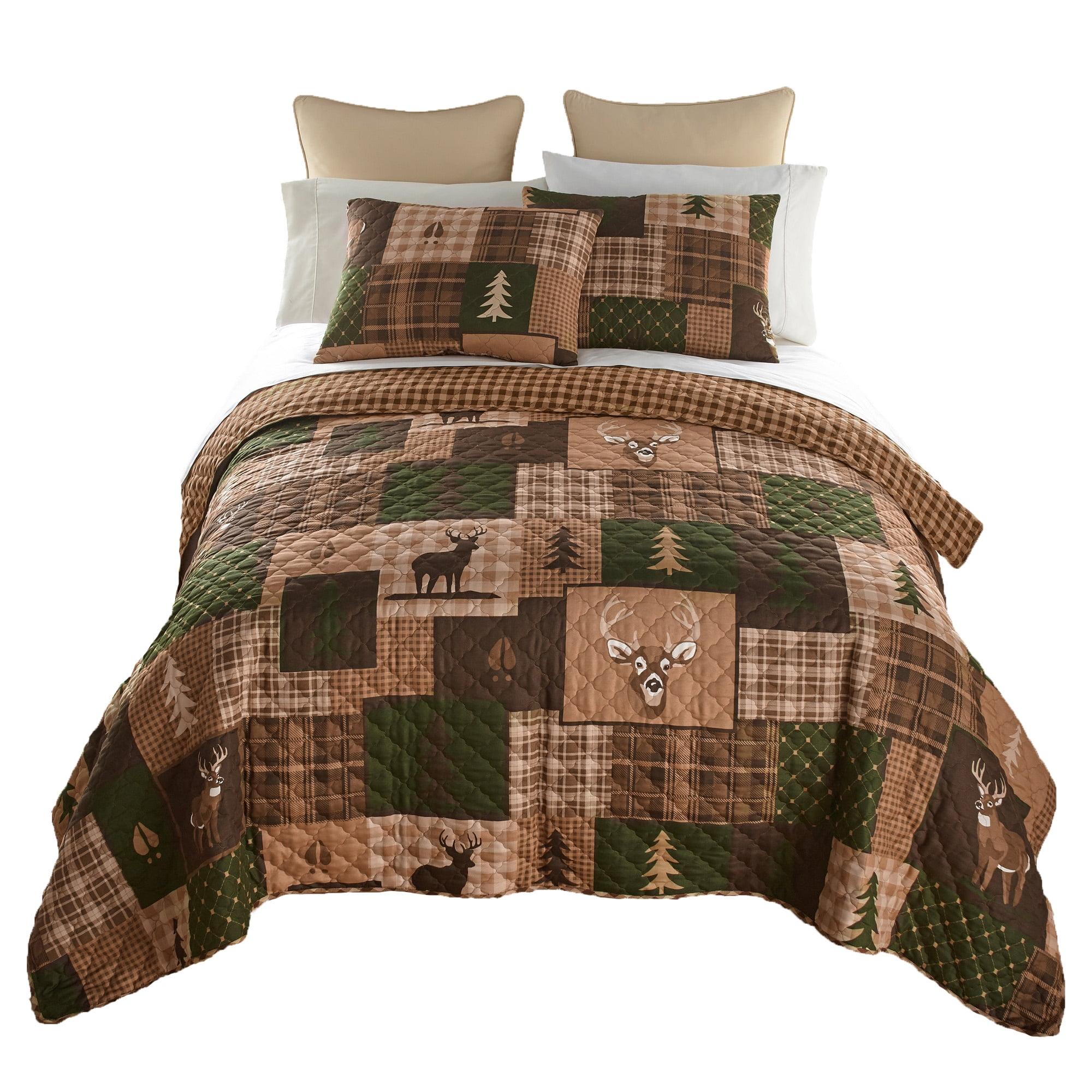 Green Forest Lodge-Themed Reversible Microfiber Quilt Set with Shams