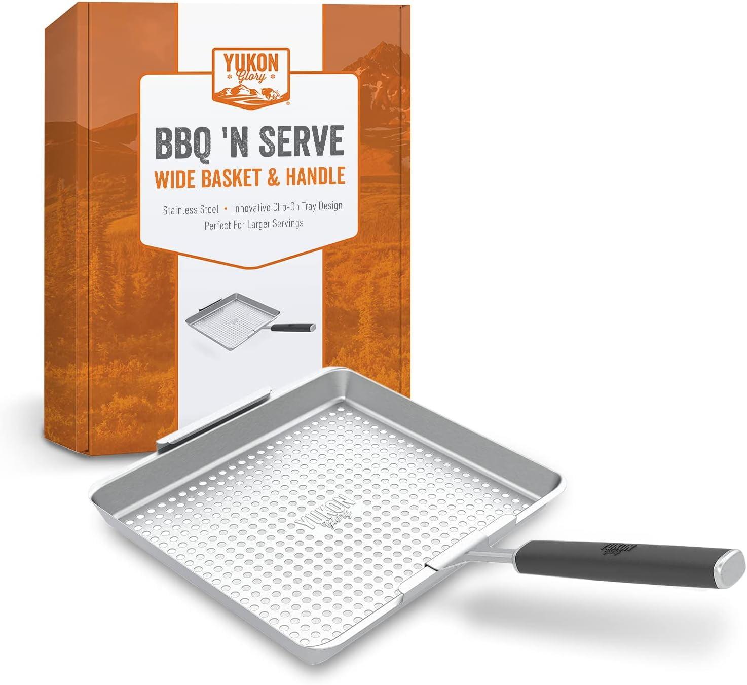 Yukon Glory Wide Grill Basket Set With Clip-On Handle, Perfect For Grilling Fish, Veggies and Meats