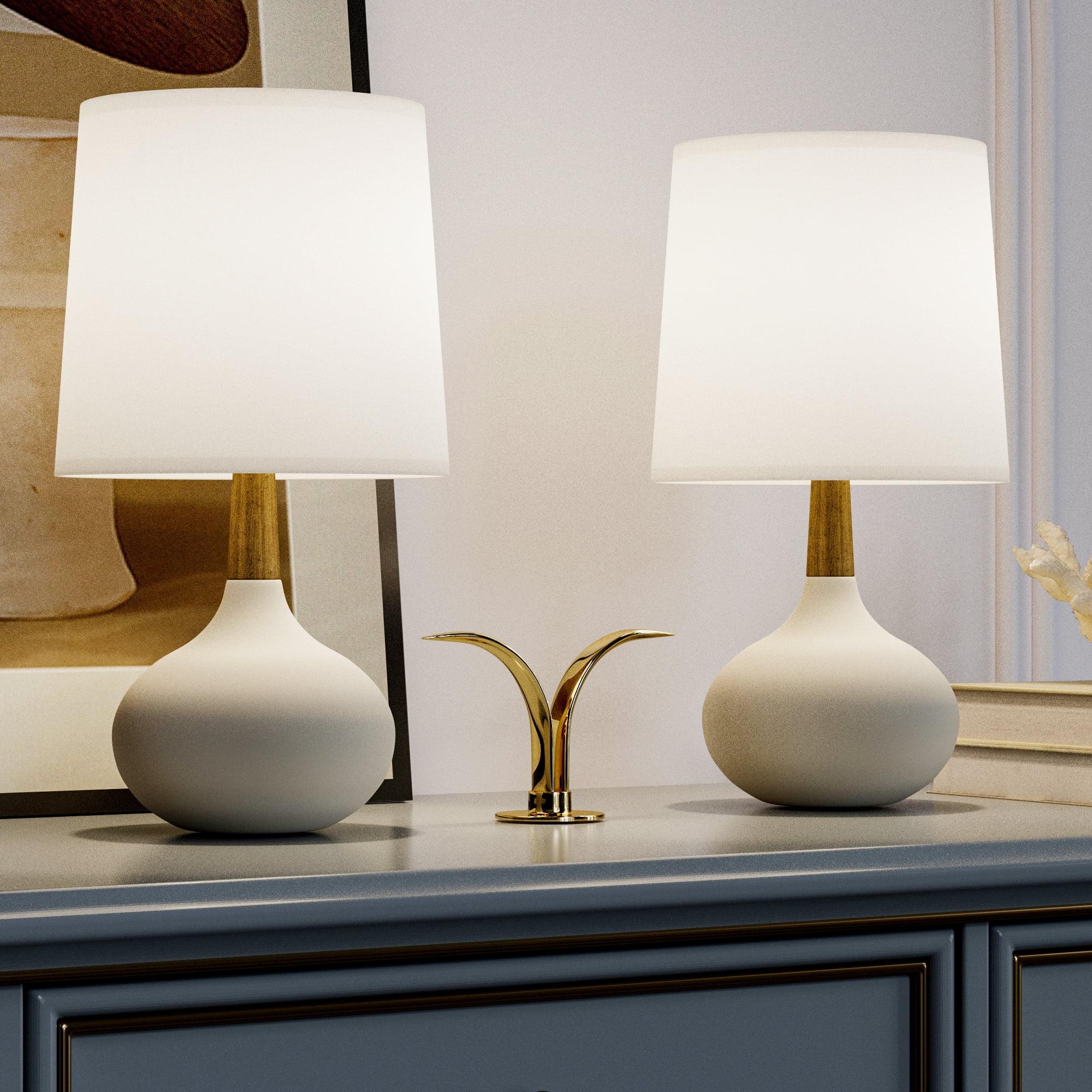 14'' White Ceramic and Wood Modern Table Lamp Set