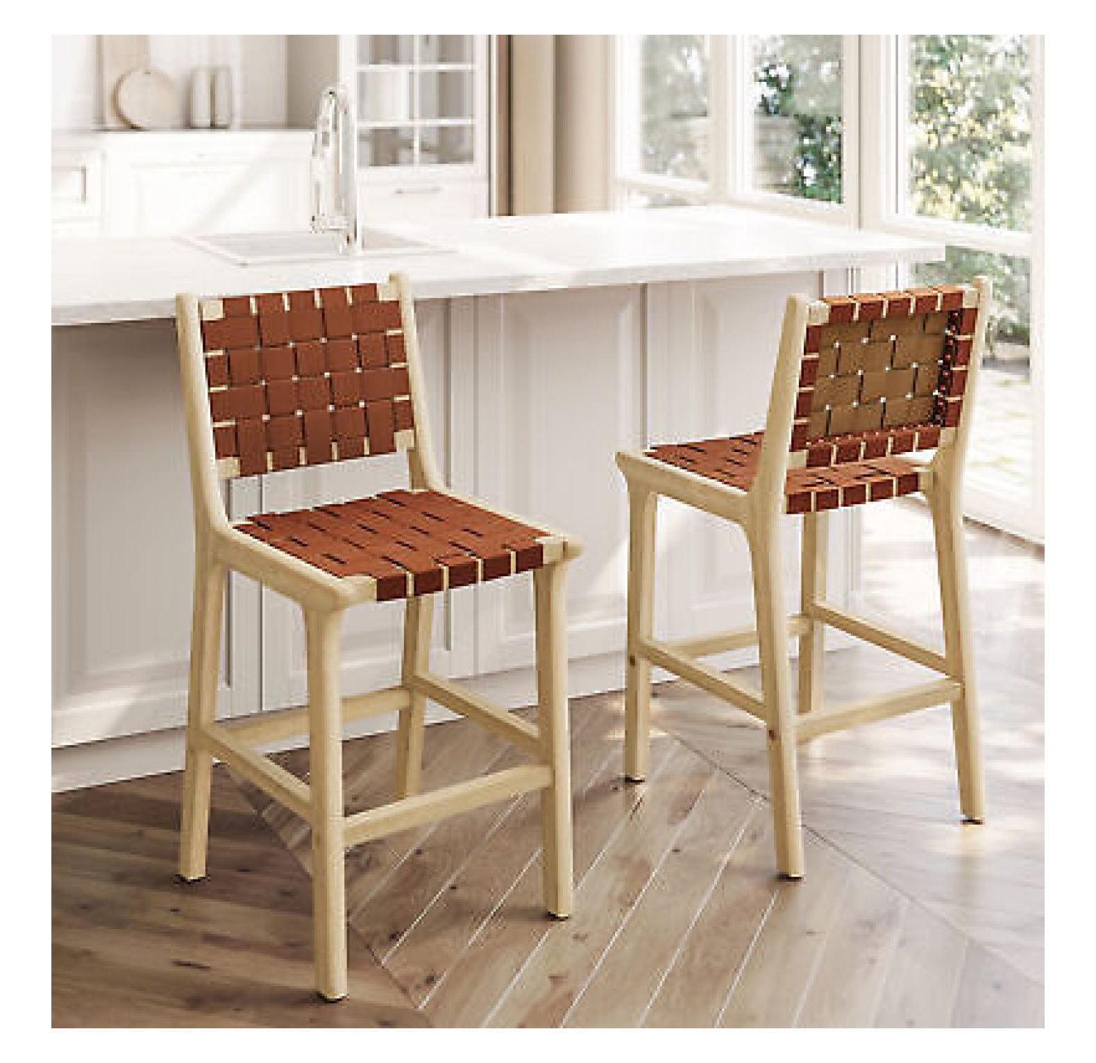 Morgan Brown Woven Faux Leather Counter Stools with Wood Frame, Set of 2