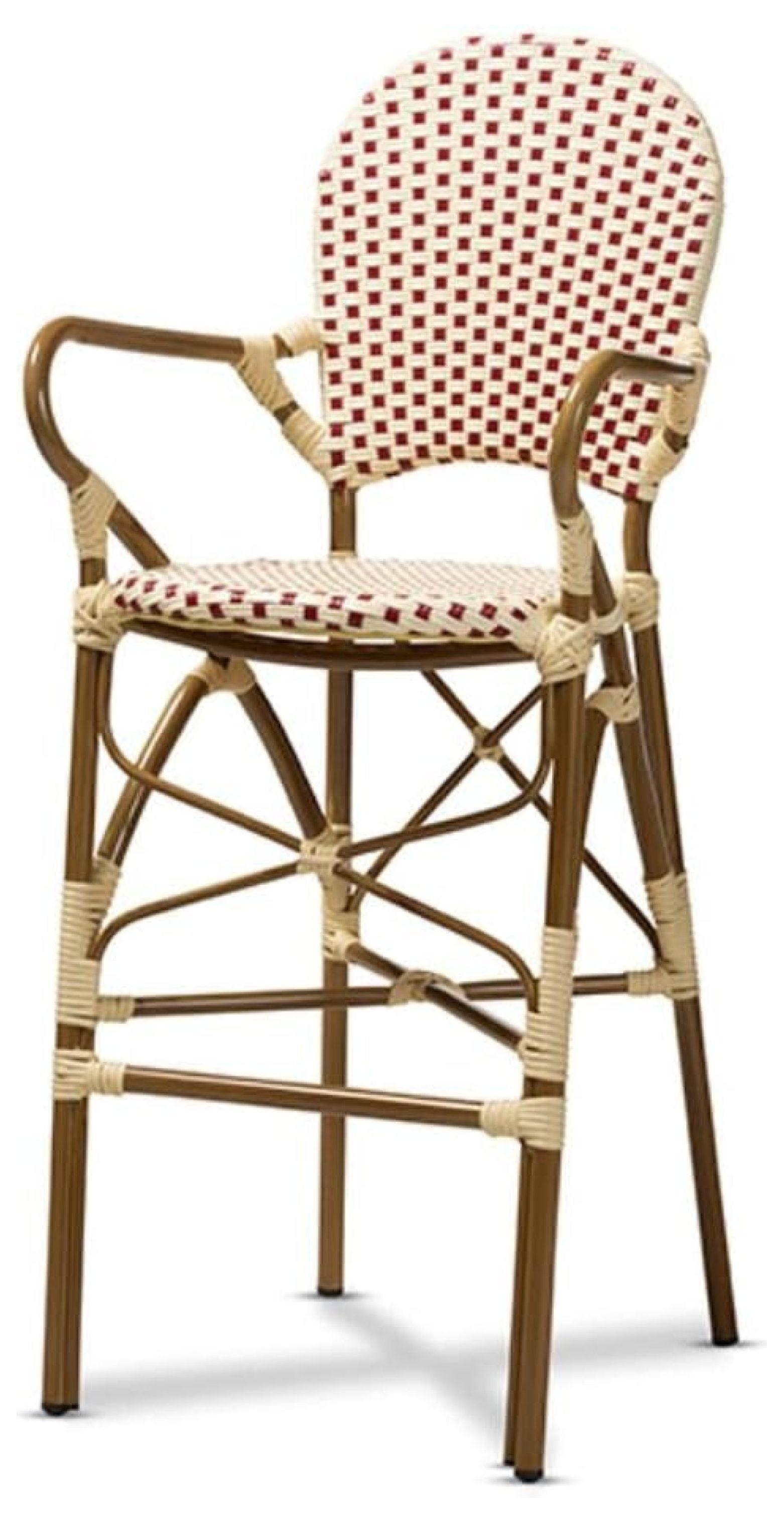 Beige and Red Woven Bamboo Style Bar Stool