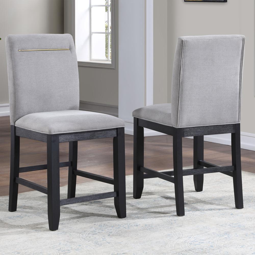 Gray Fabric and Charcoal Wood Counter Stools with Gold Accent