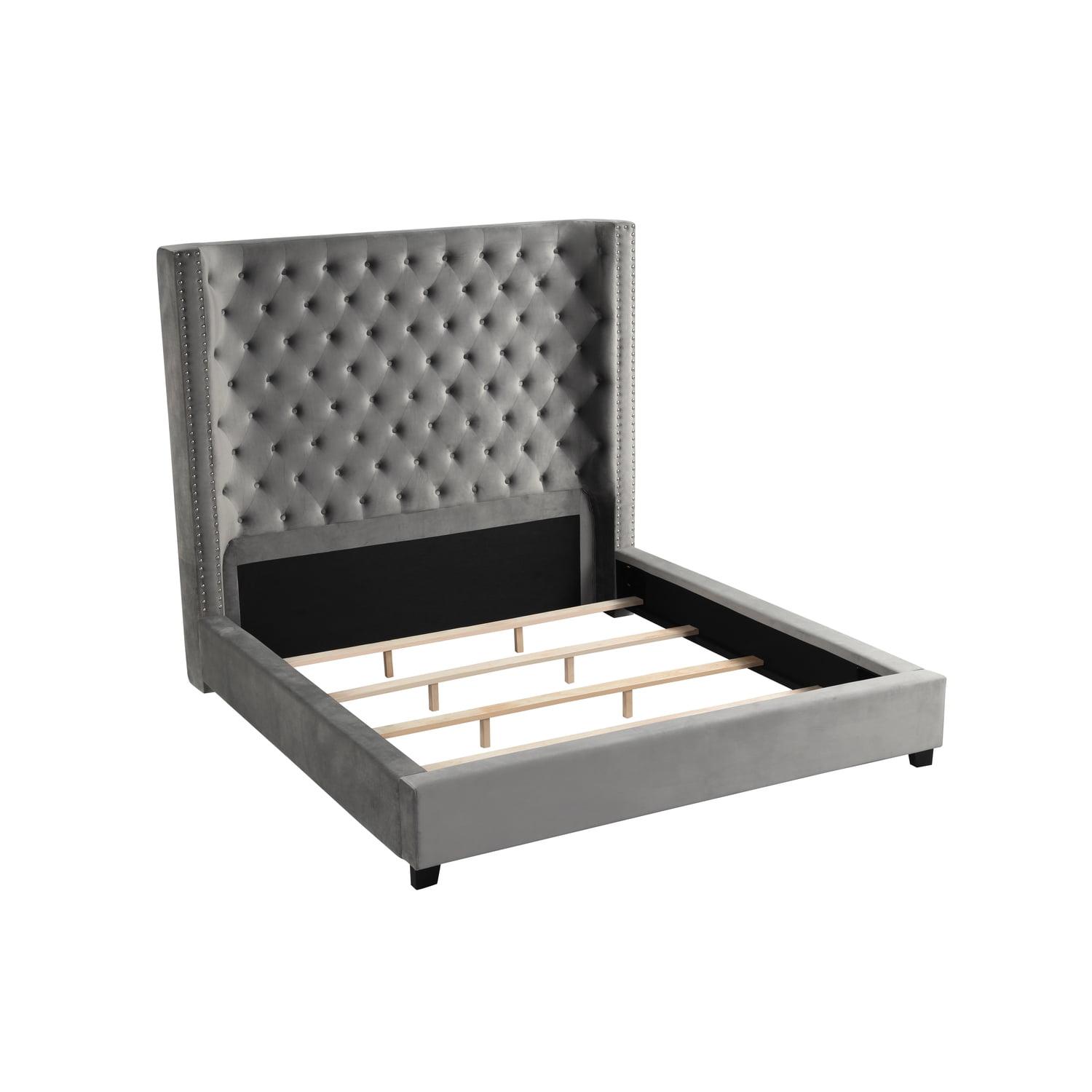 Regal Gray Velvet King Platform Bed with Nailhead Trim and Storage Drawer