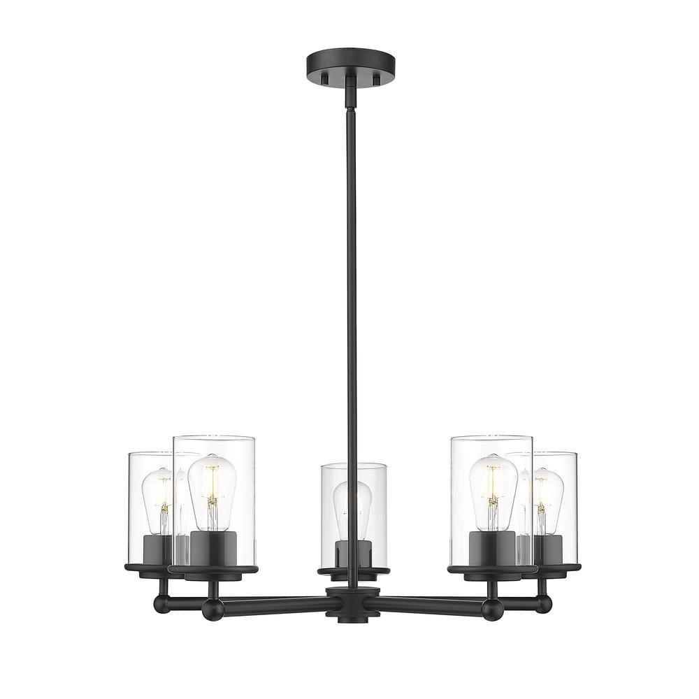 Matte Black 5-Light Steel Chandelier with Clear Glass Shades