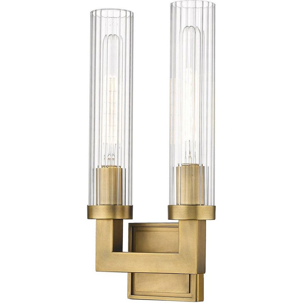 Elegant Rubbed Brass 2-Light Wall Sconce with Textured Glass Shades