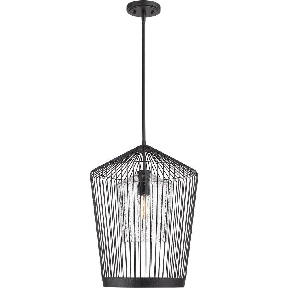 Transitional Matte Black Cage Pendant with Seeded Glass - 18.5" x 24.75"