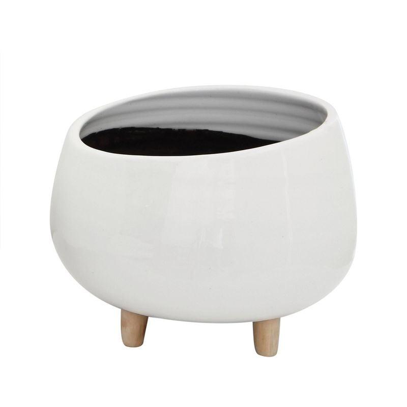 8" x 12.5" Planter with Wood Feet White - Storied Home: Ceramic, No Assembly, Indoor Use, Drain Plug