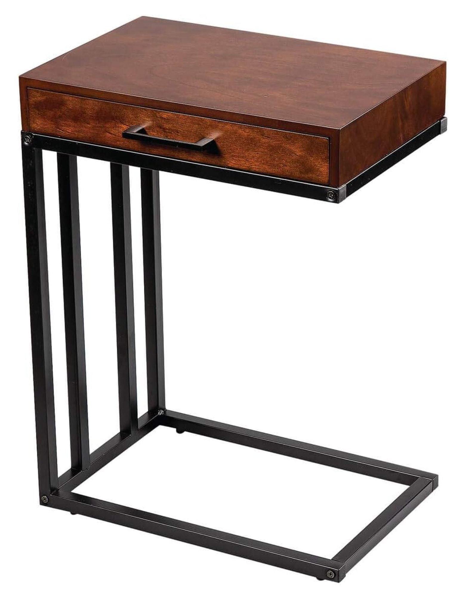 Oak and Black Metal C-Table with Storage Drawer