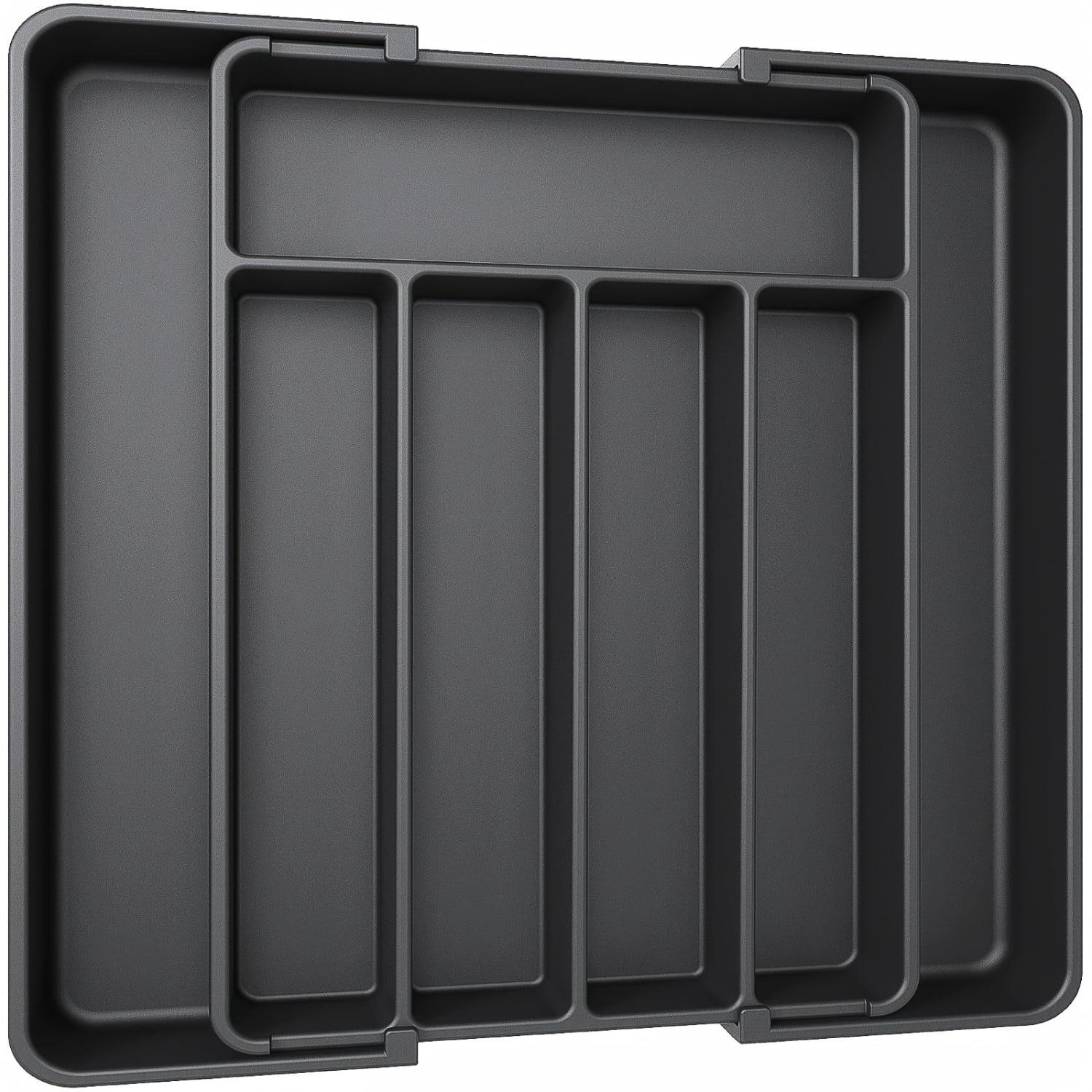 Silverware Drawer Organizer,  Black Expandable Utensil Tray for Kitchen, BPA Free Flatware and Cutlery Holder, Adjustable Plastic Storage for Spoons Forks Knives, Large