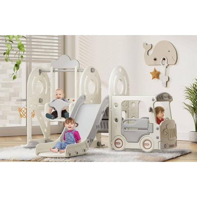 Suteck 4 in 1 Toddler Slide, Kids Slide with Climber and Bus Playhouse Outdoor Indoor Slide Playset