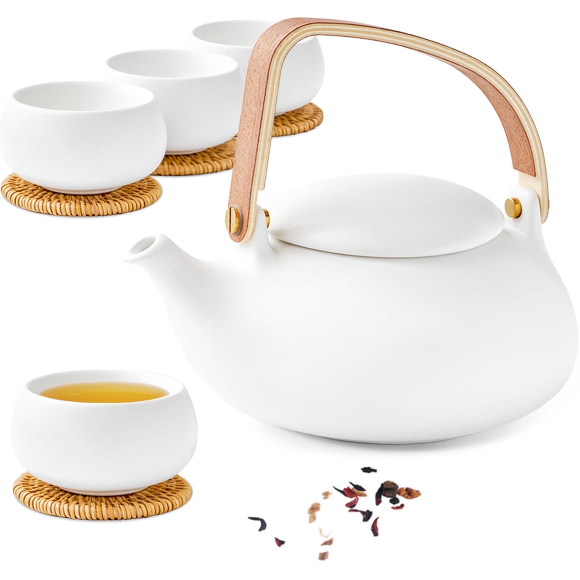 ZENS Japanese Tea Set with Infuser, Modern Bentwood Handle 27 oz Matte Ceramic Loose Leaf Teapot with 4 Cups & RattanCoasters for Tea Lover Gift