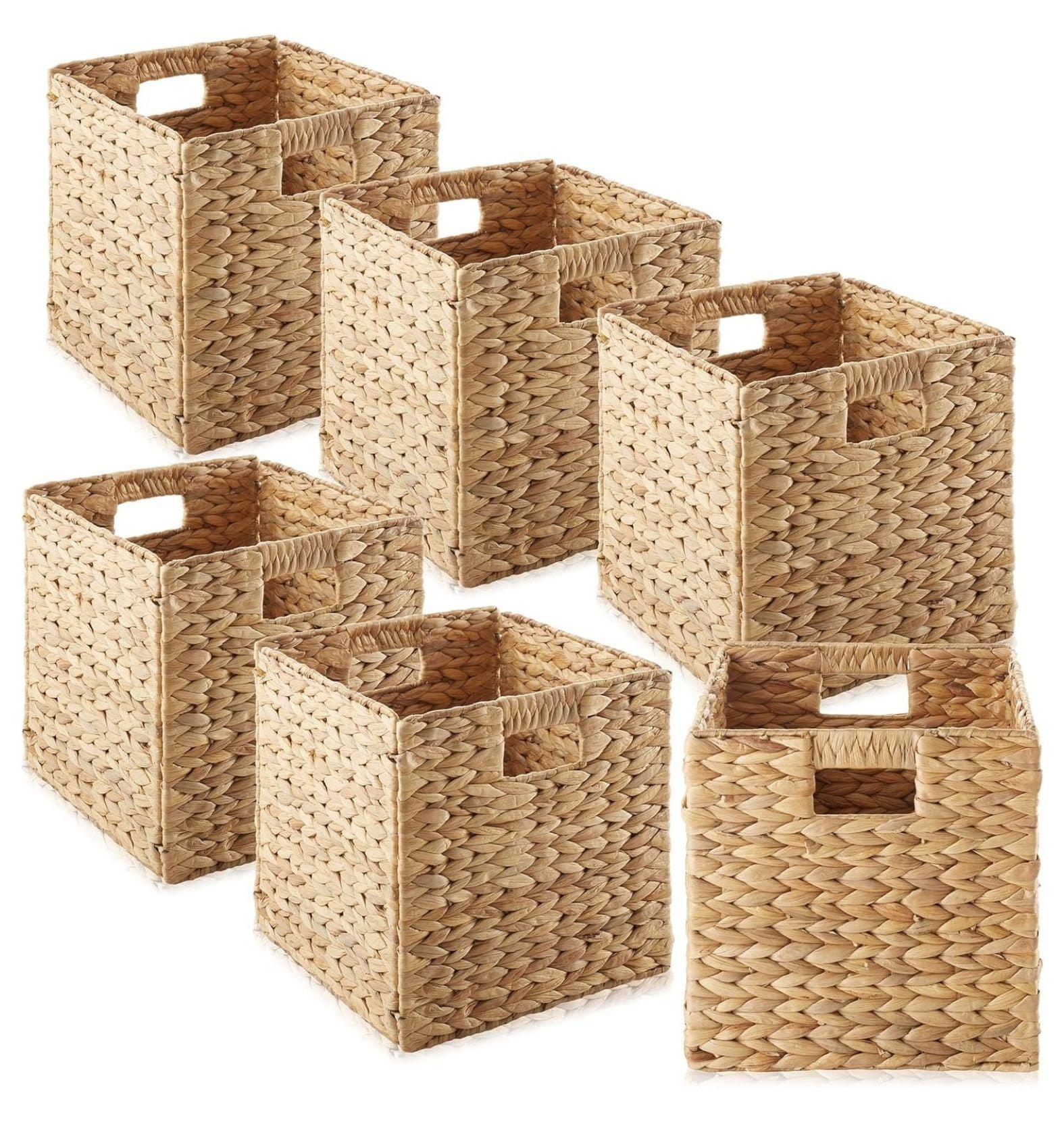 ZHI-22 10.5" x 10.5" Water Hyacinth Storage Baskets, Natural - Set of 6 Collapsible Cube Organizers, Woven Bins for Bathroom, Bedroom, Laundry, Pantry, Shelves