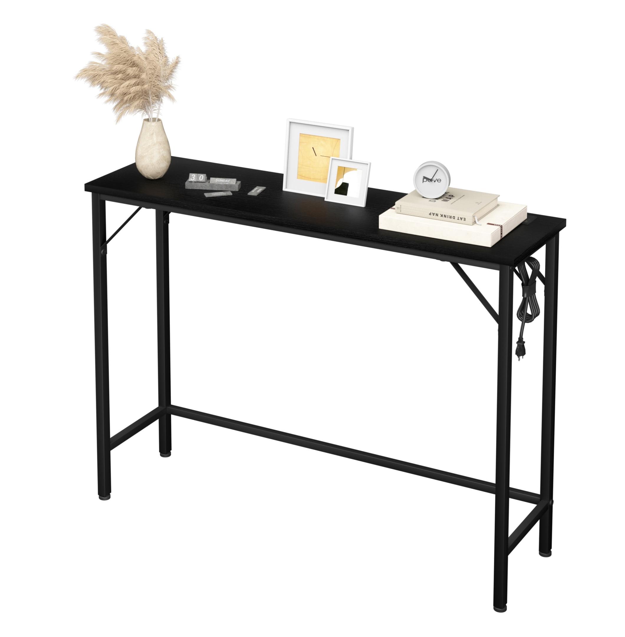 Black Metal and MDF Narrow Console Table with Charging Station