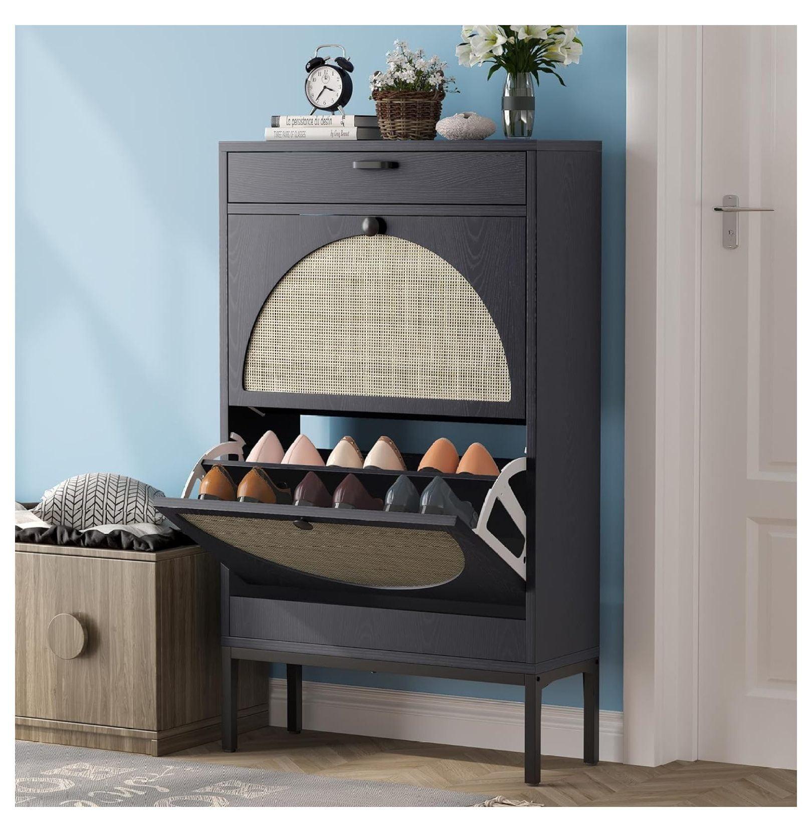 Black Wood and Rattan Wall Mounted Shoe Cabinet with Drawers