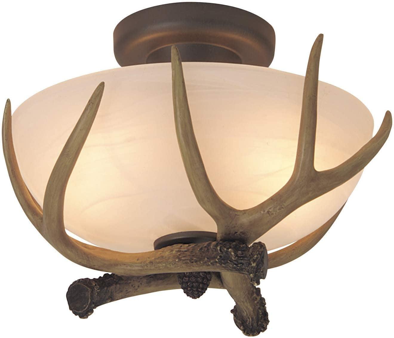 Rustic Bronze Antler Semi-Flush Mount Light with Alabaster Glass