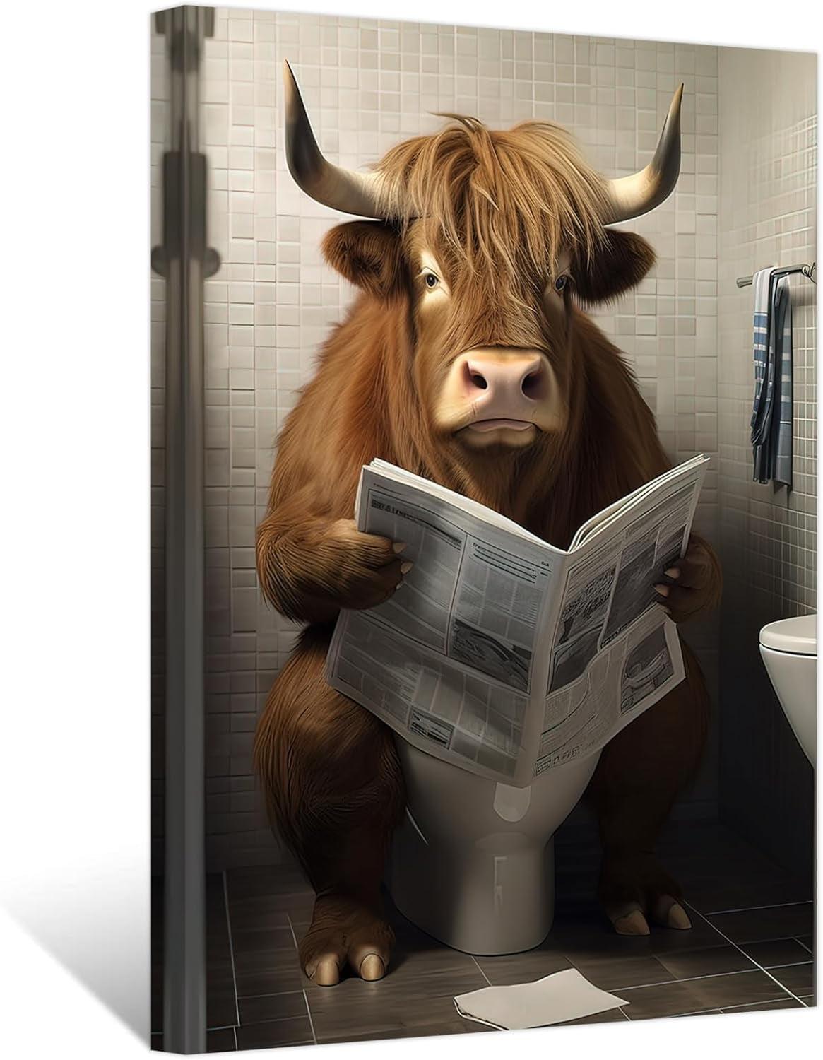 ZHONGYUTONG Funny Highland Cow Bathroom Decor Cow Sitting on Toilet Reading Newspaper Wall Art Cute Animal Poster Prints Farmhouse Toilet Canvas Artwork (12.00" x 18.00")