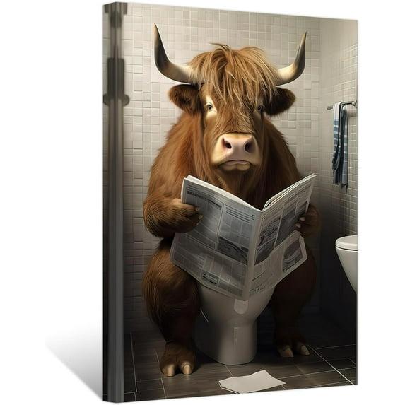 ZHONGYUTONG Funny Highland Cow Bathroom Decor Cow Sitting on Toilet Reading Newspaper Wall Art Cute Animal Poster Prints Farmhouse Toilet Canvas Artwork (12.00" x 18.00")
