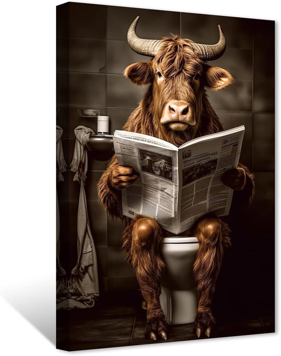 ZHONGYUTONG Funny Highland Cow Bathroom Decor Cow Sitting on Toilet Reading Newspaper Wall Art Cute Animal Poster Prints Farmhouse Toilet Canvas Artwork (12.00" x 18.00")