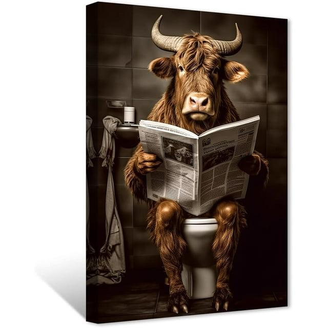 ZHONGYUTONG Funny Highland Cow Bathroom Decor Cow Sitting on Toilet Reading Newspaper Wall Art Cute Animal Poster Prints Farmhouse Toilet Canvas Artwork (12.00" x 18.00")