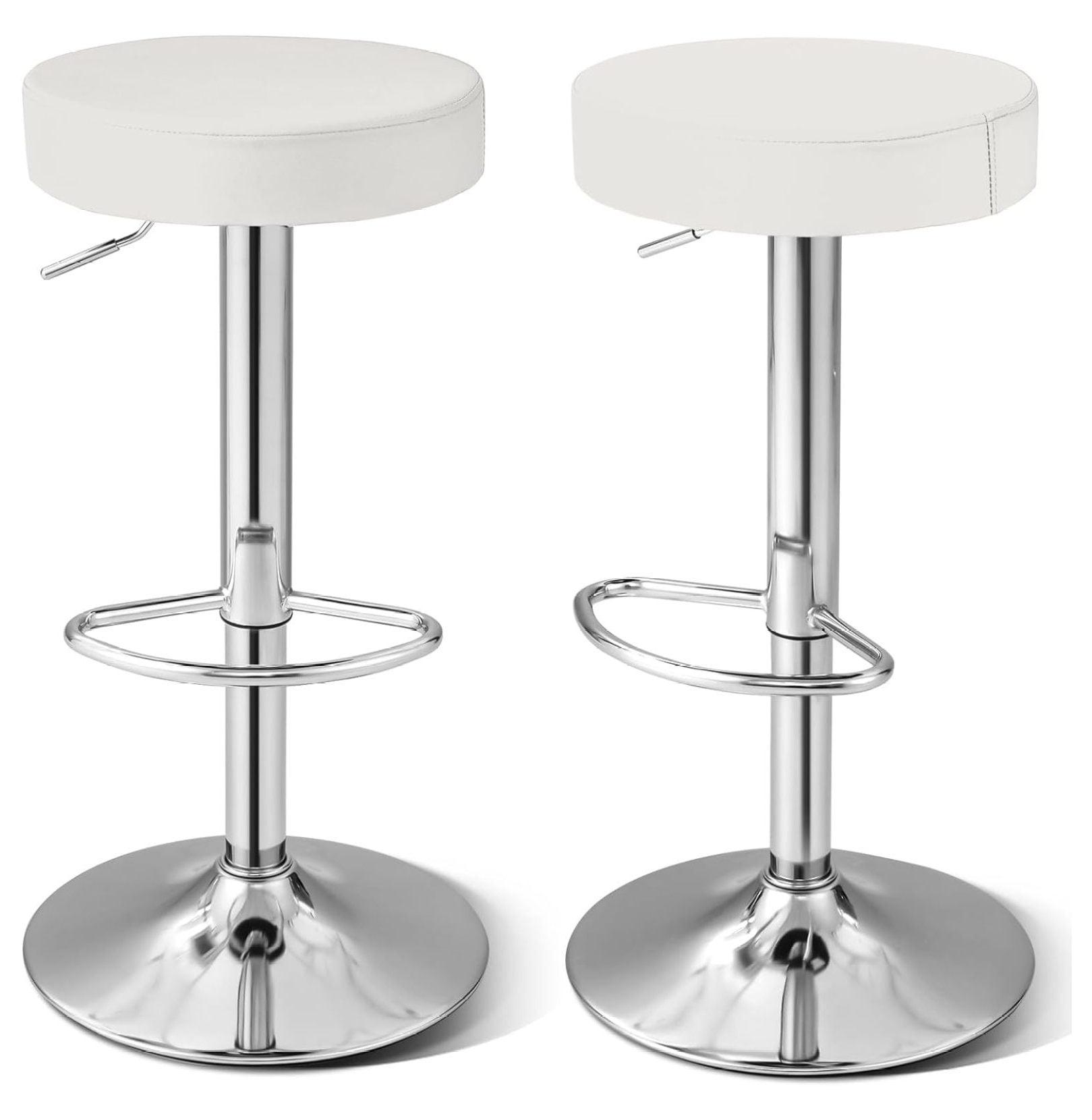 White Adjustable Swivel Backless Leather Bar Stools, Set of 2