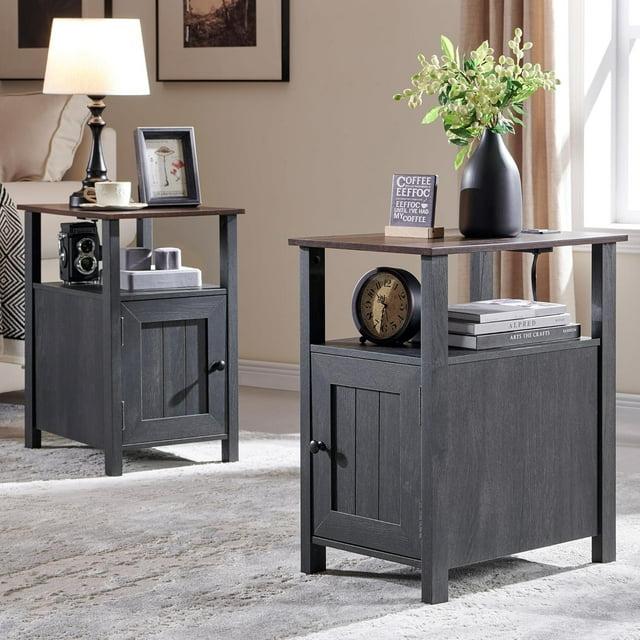 2 PCS Nightstand with Charging Station & Barn Door & Open Shelves，Farmhouse End Table for Bedroom, Living Room, Gray