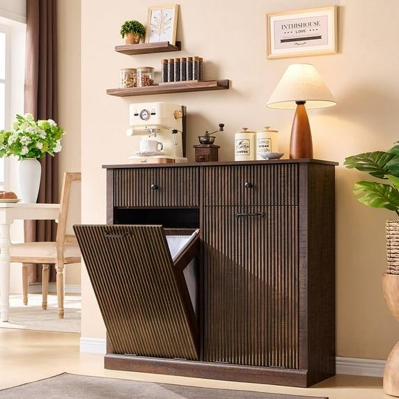 Tilt-Out Trash Cabinet, Hidden Trash Can with 20 Gallon Storage, Wooden Hidden Garbage Can Cabinet with 2 Drawers for Kitchen & Living Room, Brown