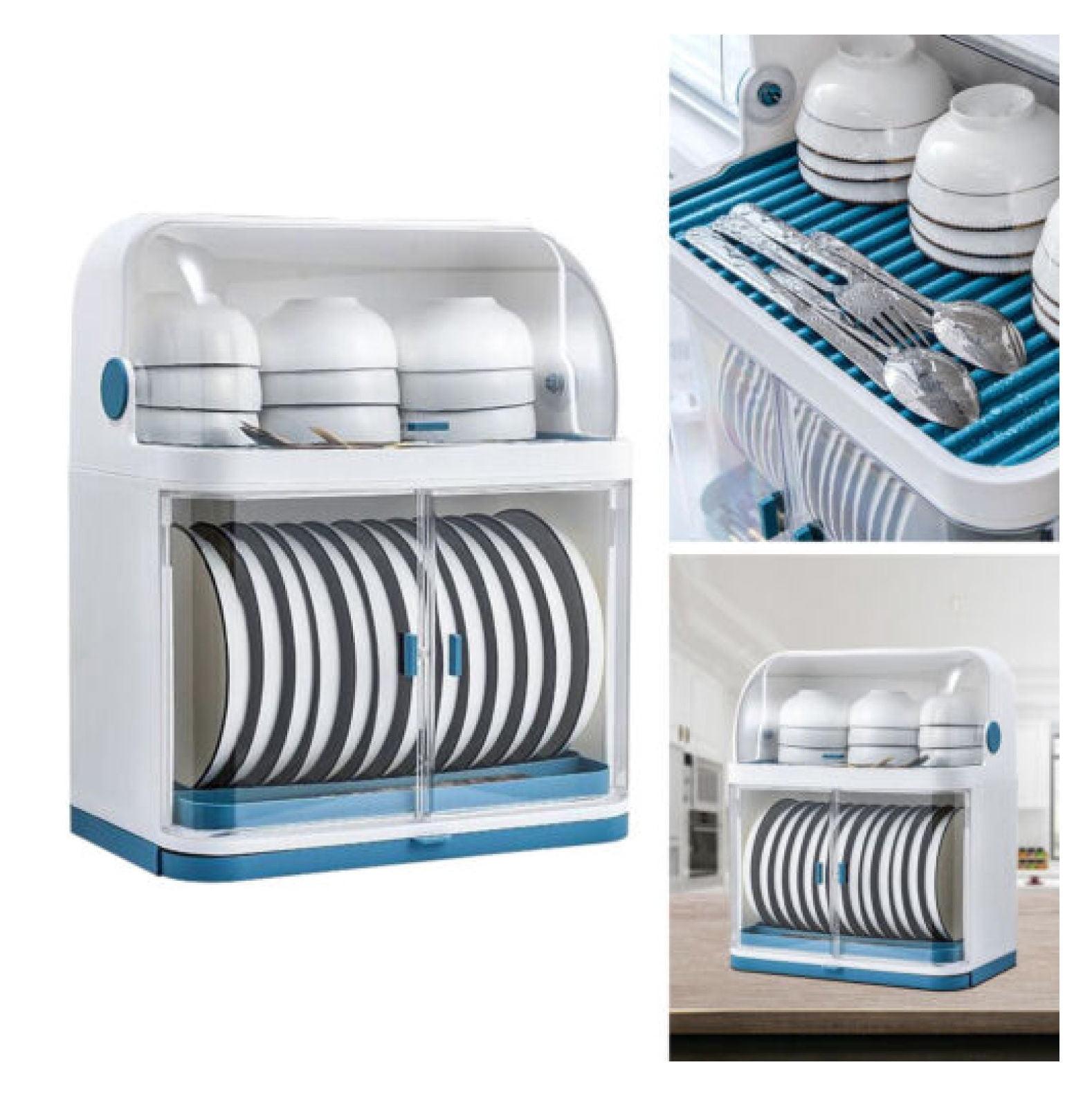 White and Blue 2-Tier Metal Dish Drying Rack with Lid