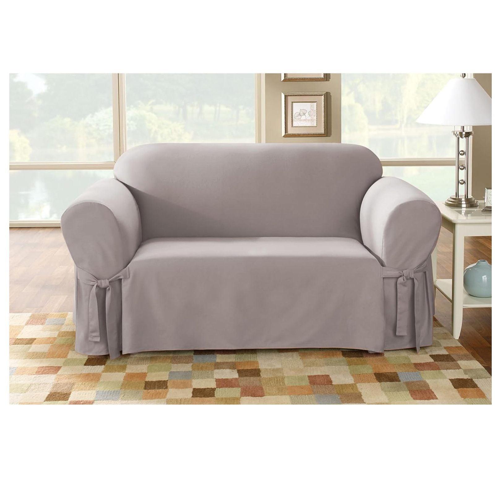 Gray Cotton Duck Loveseat Slipcover with Ties