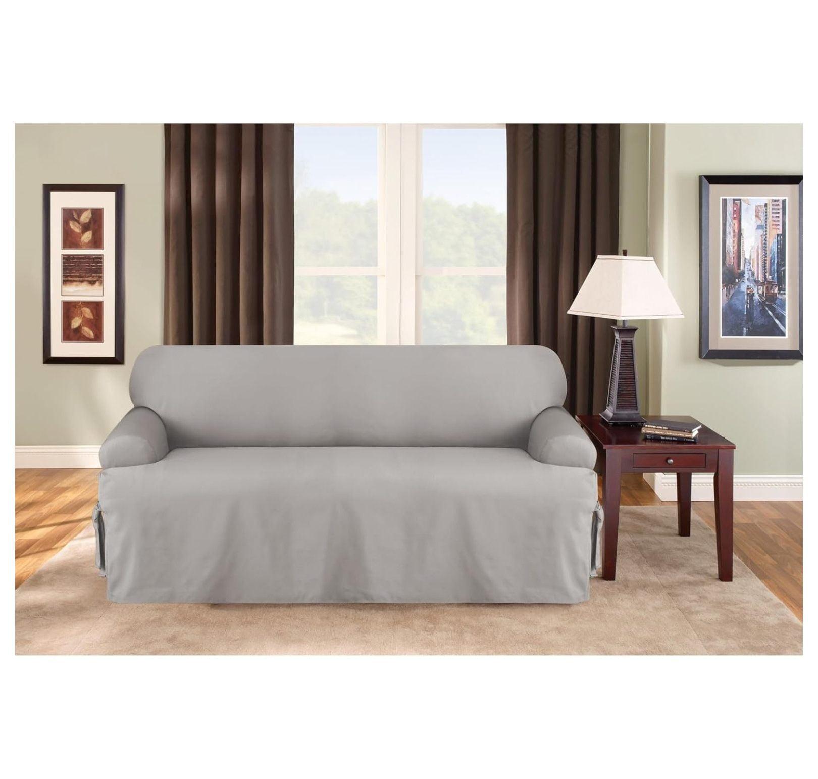 Duck T Cushion Sofa Slipcover Gray - Sure Fit: Cotton, Machine Washable, Indoor Stretch Fit