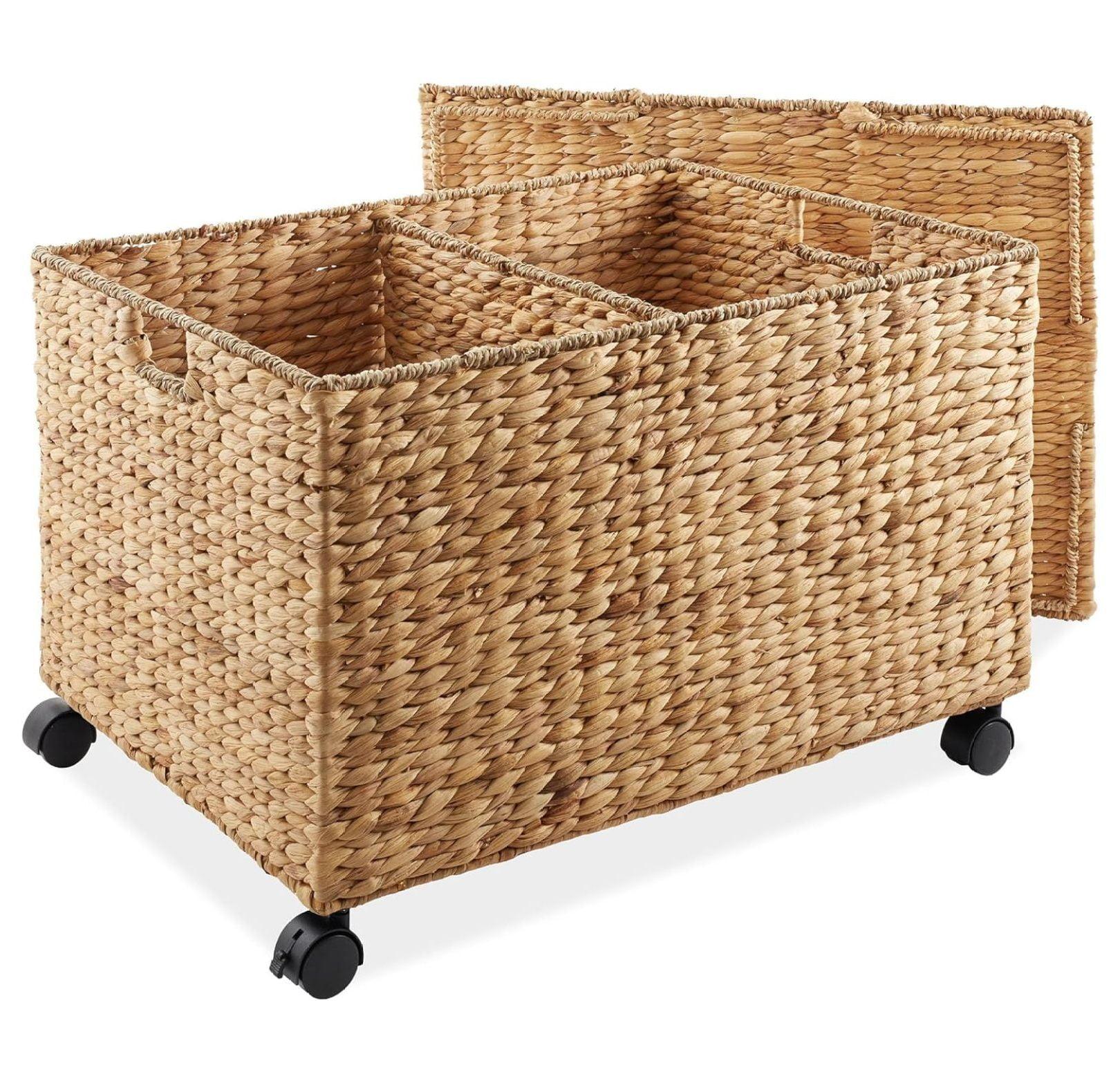Casafield Rolling Storage Basket Cart with Lid and Wheels, Natural - Woven Water Hyacinth Divided Sorting Bin for Kitchen, Laundry, Pantry, Garage