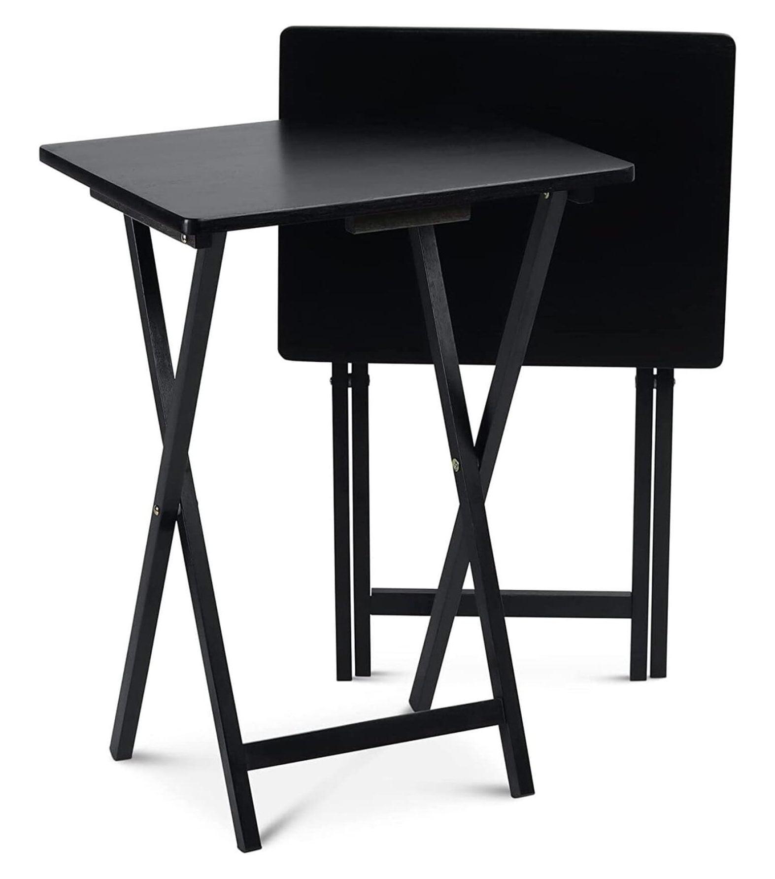 Black Solid Wood Folding TV Tray Tables Set with Storage Rack