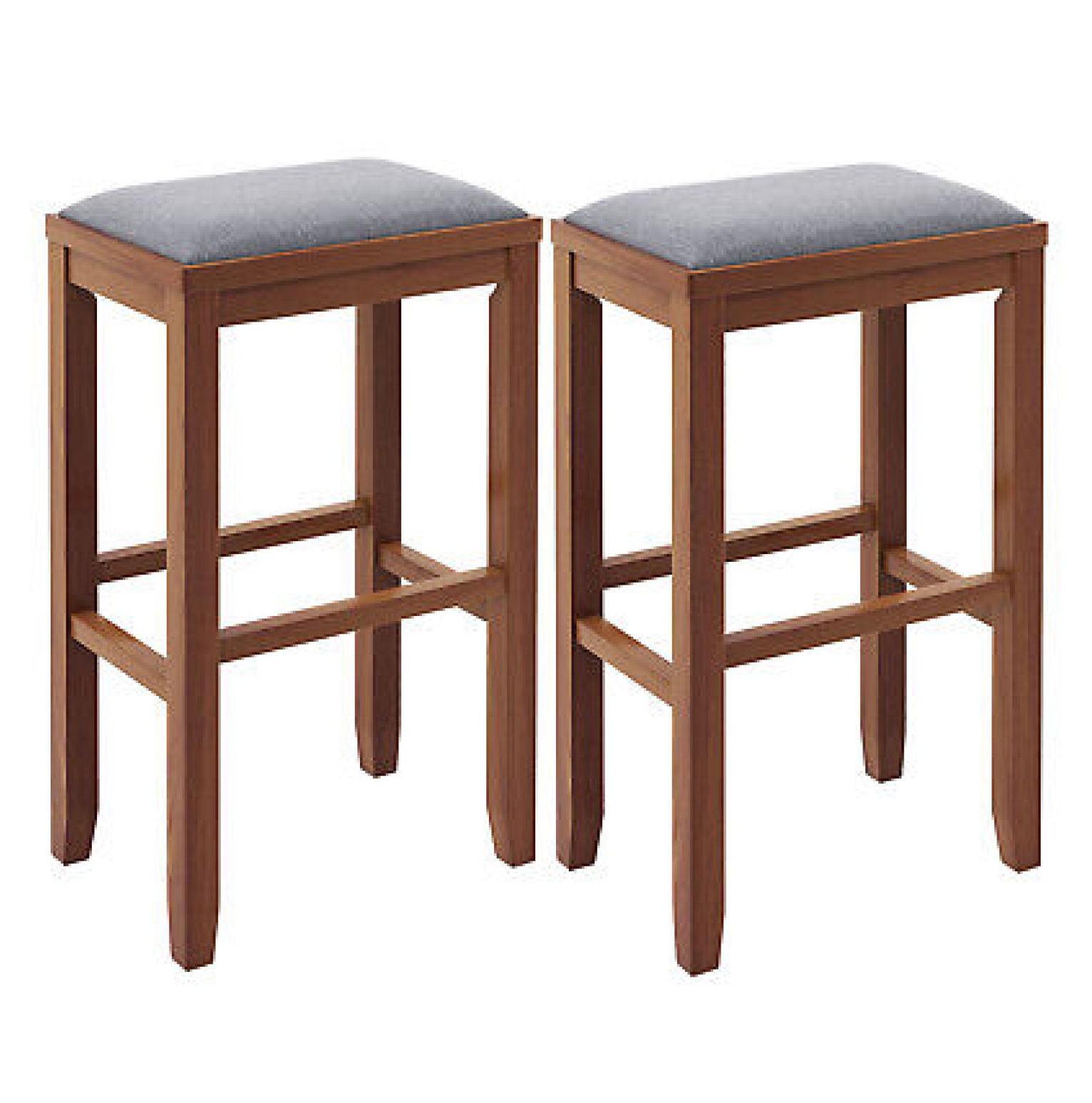 Walnut 31" Backless Upholstered Bar Stools with Gray Linen Seats