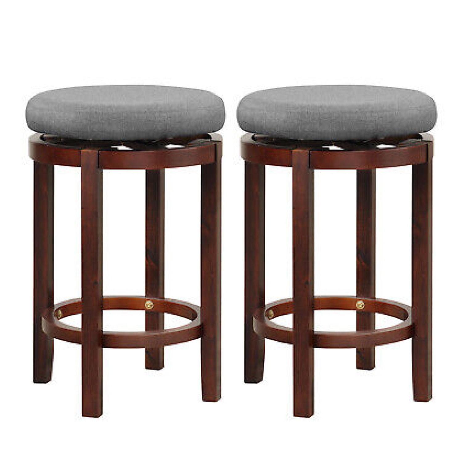 Gray Upholstered Swivel Backless Wooden Bar Stools, Set of 2