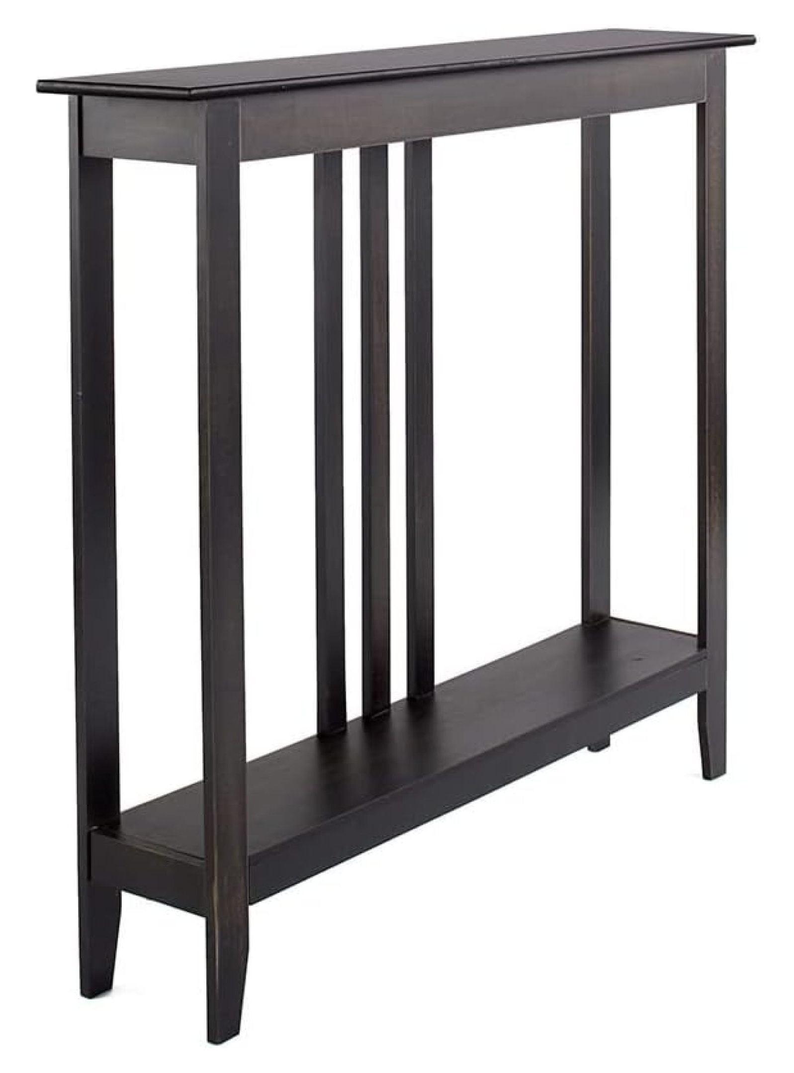 Slim Black Wood Console Table with Storage Shelf