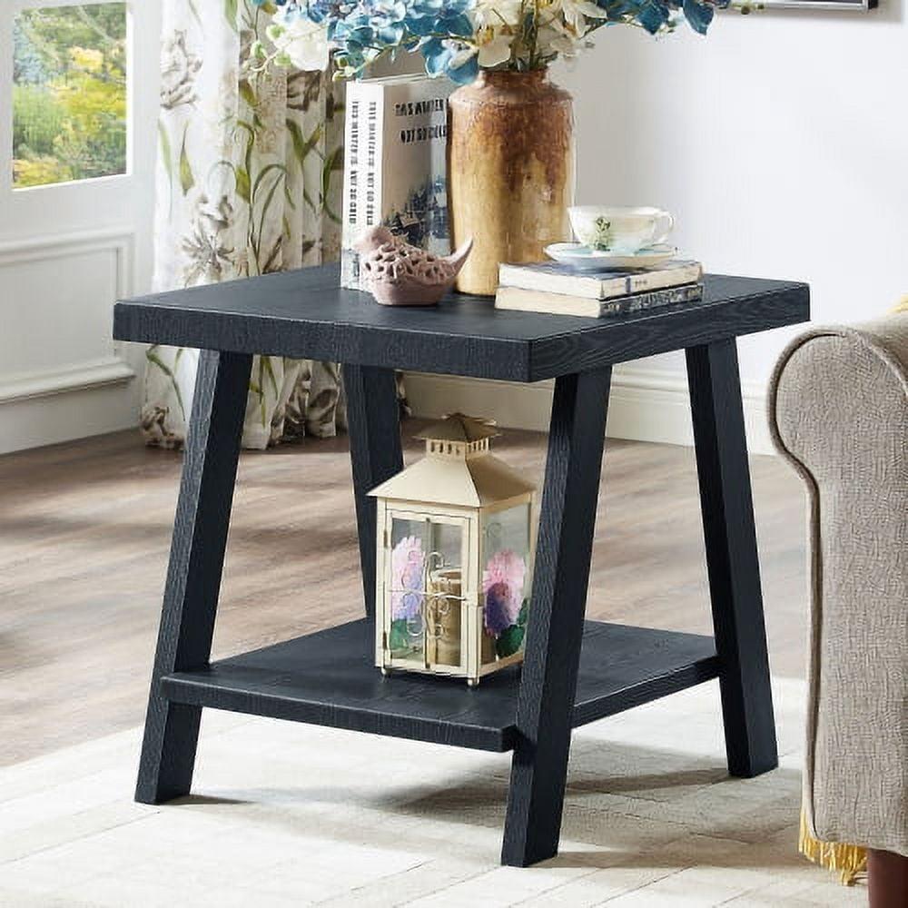 Contemporary Black Wood 2-Tier End Table with Storage Shelf