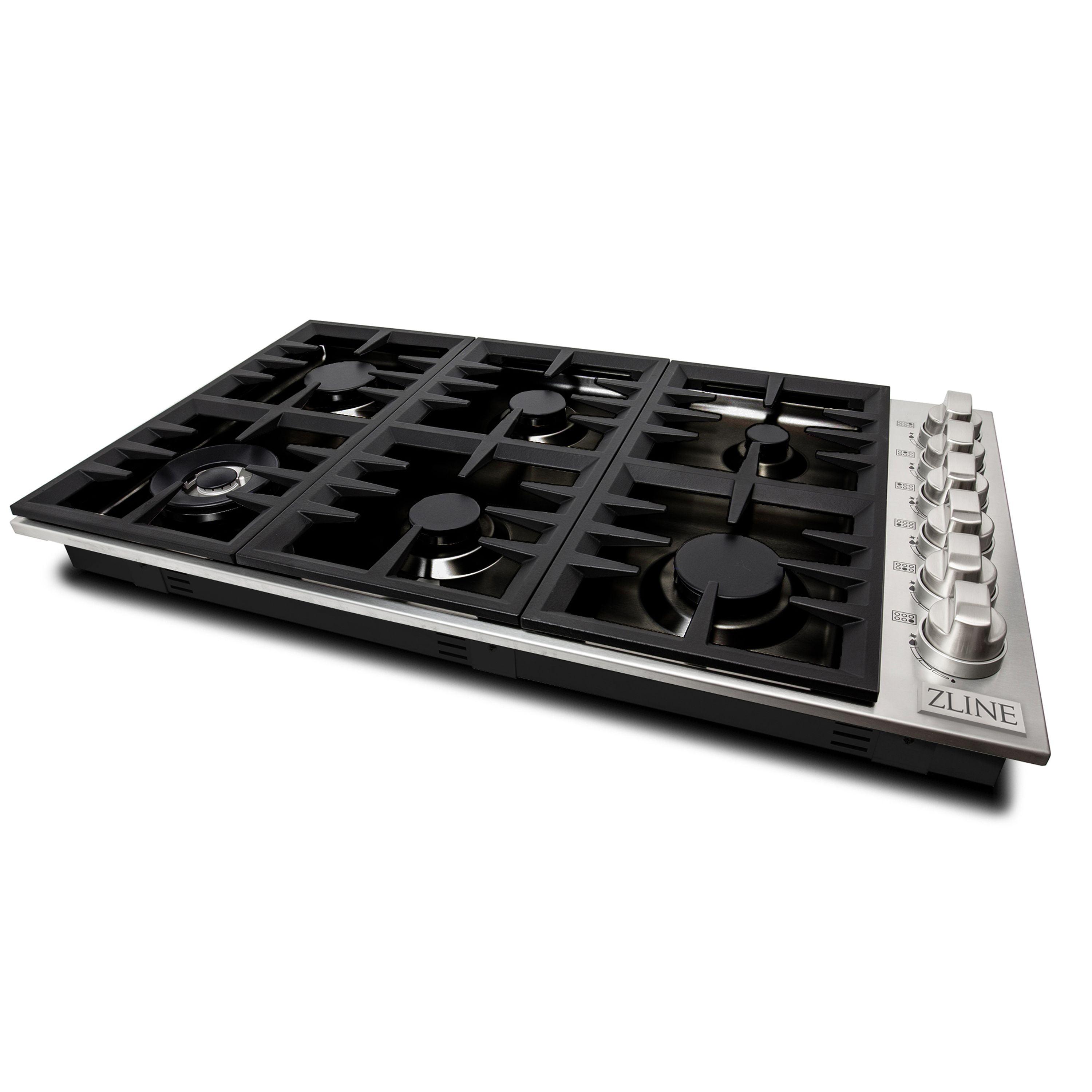 ZLINE 36" Gas Cooktop with 6 Gas Brass Burners and Black Porcelain Top