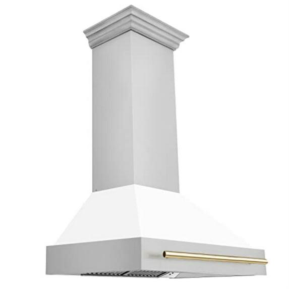 ZLINE Autograph Edition 36 in. Stainless Steel Range Hood W/ White Matte Shell & Champagne Bronze Handle