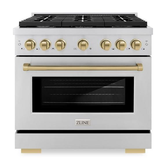 ZLINE ZLINE Autograph Edition 36 in. 5.2 cu. ft. Paramount Dual Fuel Range W/ 6 Burner Gas Cooktop & Electric Convection Oven in Stainless Steel W/ Champagne Bronze Accents (SDRZ-36-CB) SDRZ-36-CB