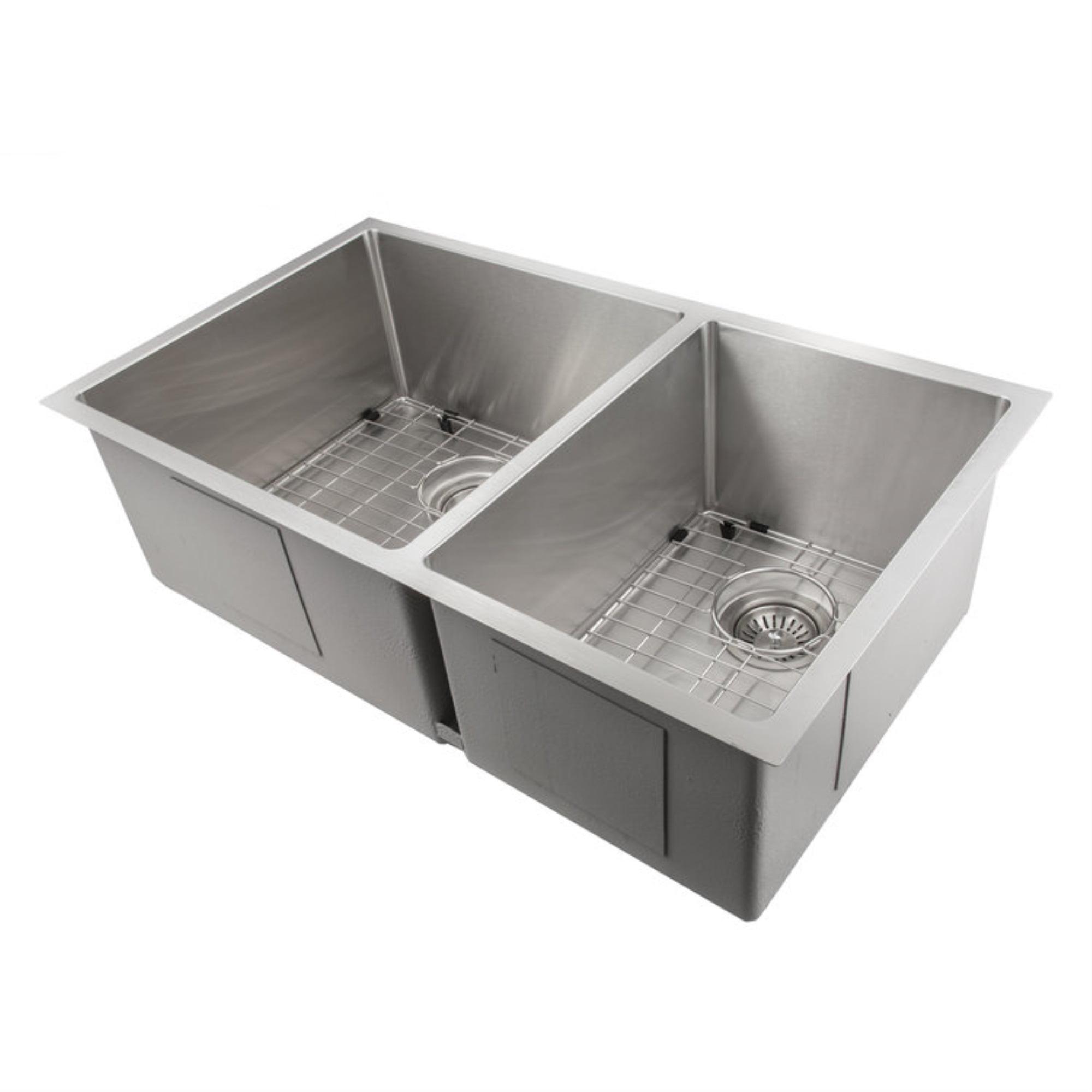 Chamonix Stainless Steel 33" L x 19" W Double Basin Undermount Kitchen Sink with Basket Strainer