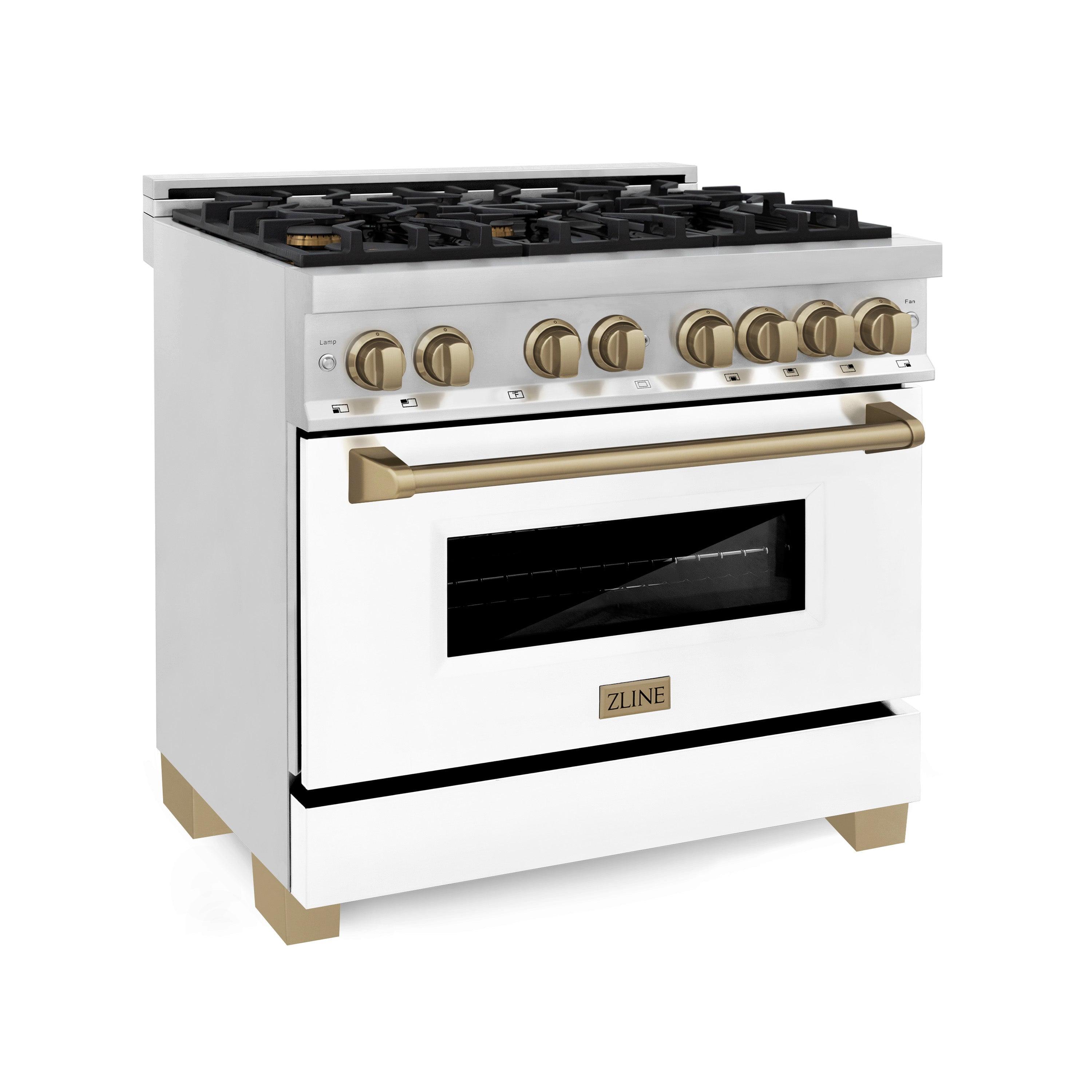 ZLINE 36" White Matte Dual Fuel Range with Champagne Bronze Accents