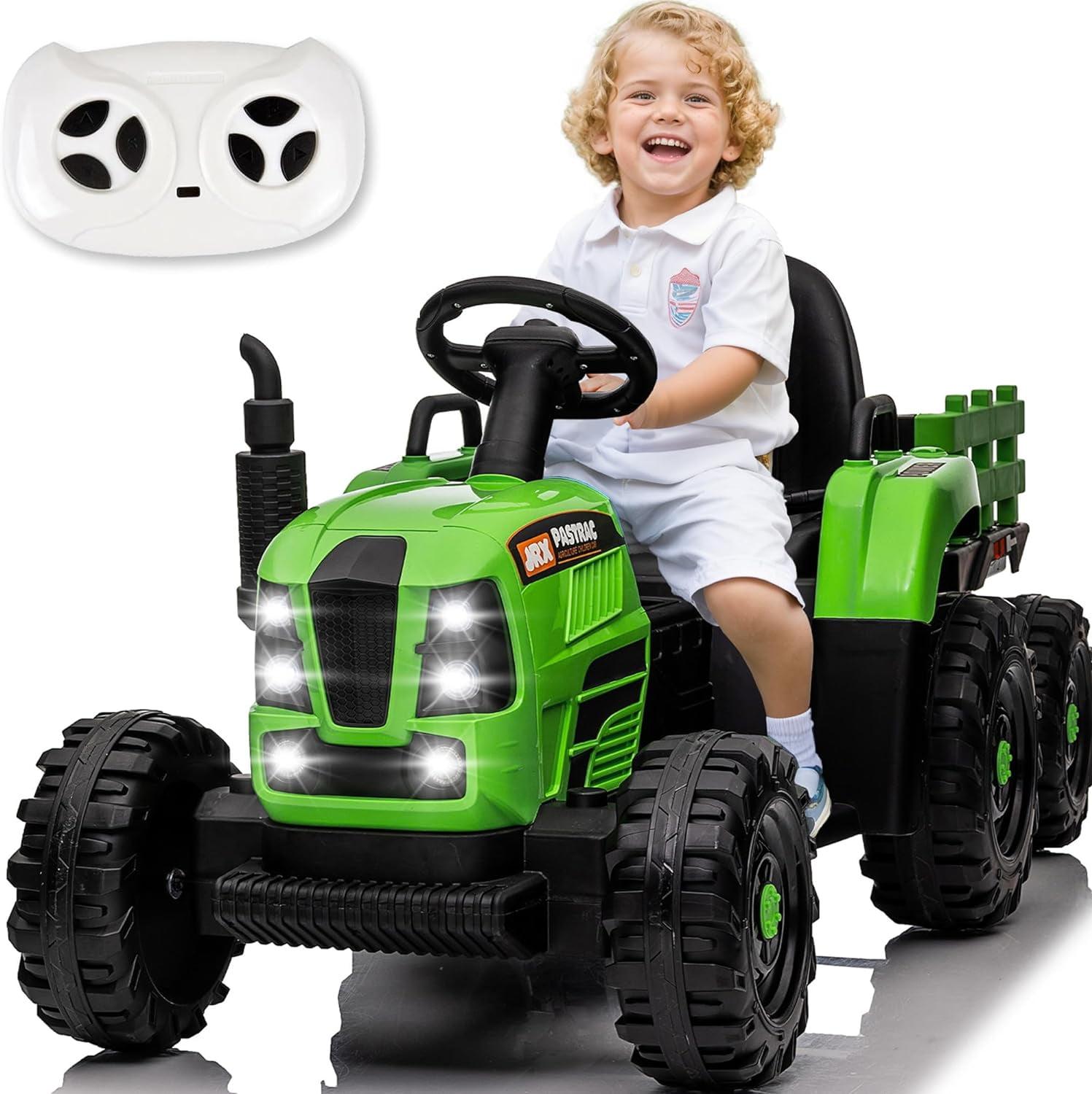 LoLado 12V Ride on Tractor with Trailer Battery Powered Electric Toy w/Remote Control for Kids,3 Speed Adjustable, USB, MP3 ,Bluetooth, LED light, Two-point Safety Selt, Green