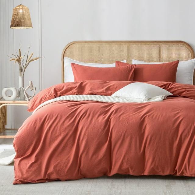 ZOVAN Duvet Cover Set 100% Washed Cotton Super Soft Breathable Durable (Crimson Red, Full)