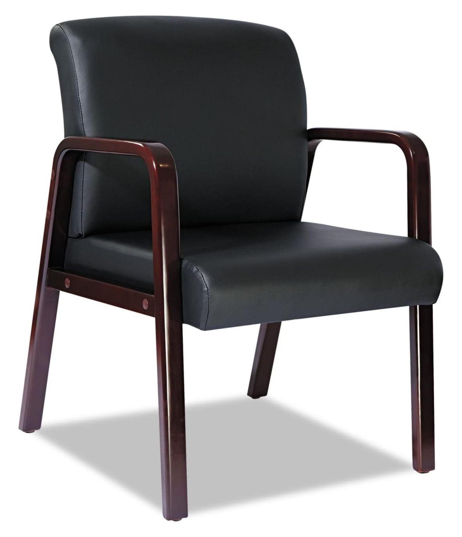 Elegant Mahogany Wood Guest Chair with Fixed Black Leather Arms