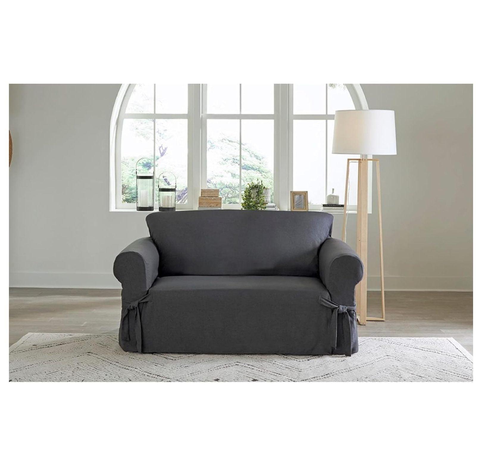 Charcoal Farmhouse Basketweave Loveseat Slipcover