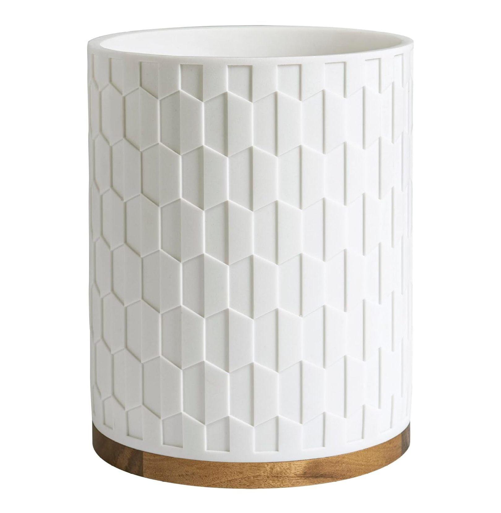 White Geometric Resin Wastebasket with Wood Base