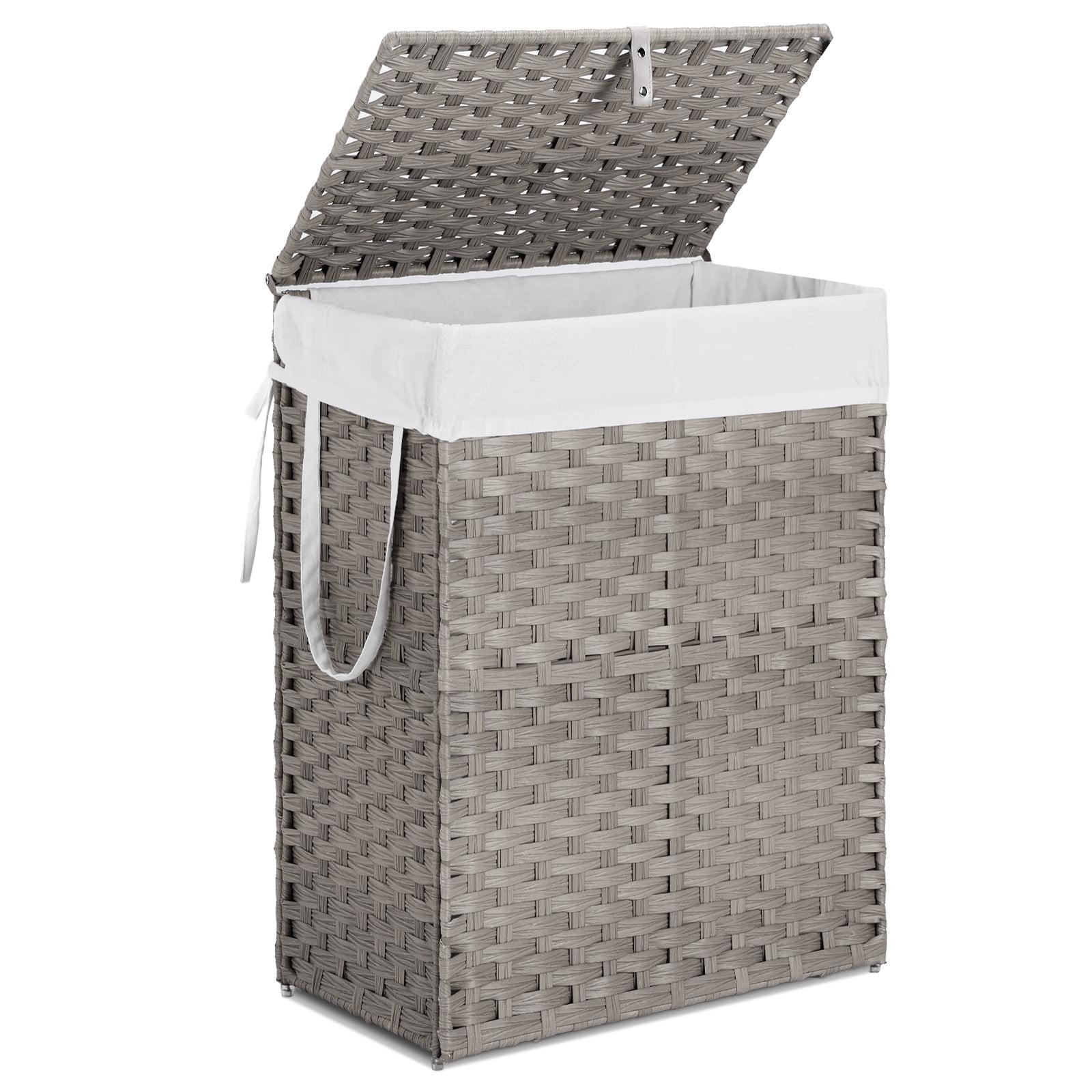 ZUNMOS Laundry Hamper, No Installation Required, with Removable Liner, 90 Liter Hand-Woven Synthetic Rattan Laundry Hamper with Lid and Handle, Collapsible, Gray