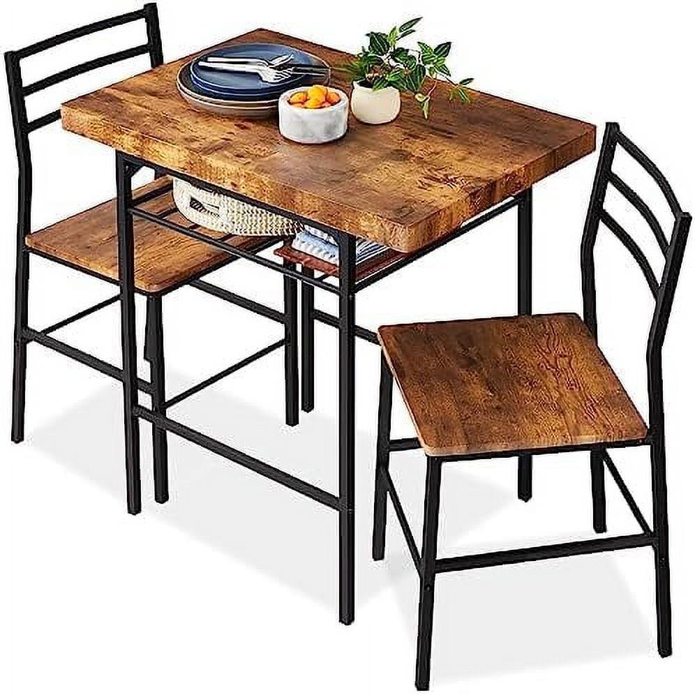 Brown Wood and Steel 3-Piece Dining Set with Storage Rack