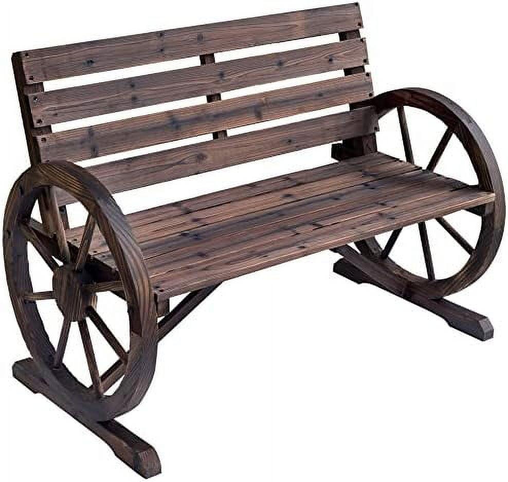 Outsunny Wooden Wagon Wheel Bench Rustic Outdoor Patio Furniture, 2-Person Seat Bench with Backrest Carbonized